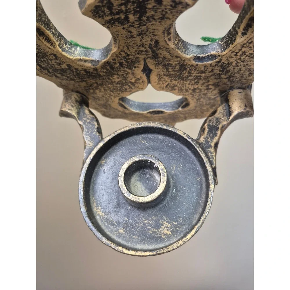 Vintage Gothic Cast Metal Wall Sconce Candle Holder Fleur De Lis Gold Black 17
